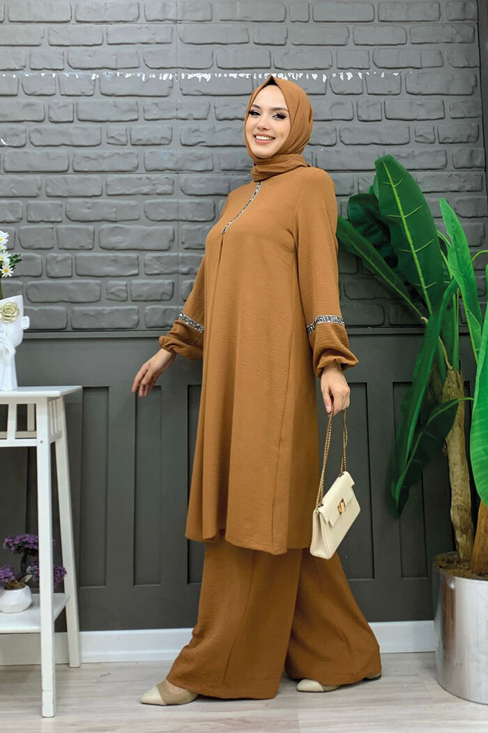 Taş İşleme Detaylı Pantolonlu Tunik Takım 8464 Taba - 5