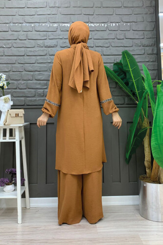 Taş İşleme Detaylı Pantolonlu Tunik Takım 8464 Taba - 7