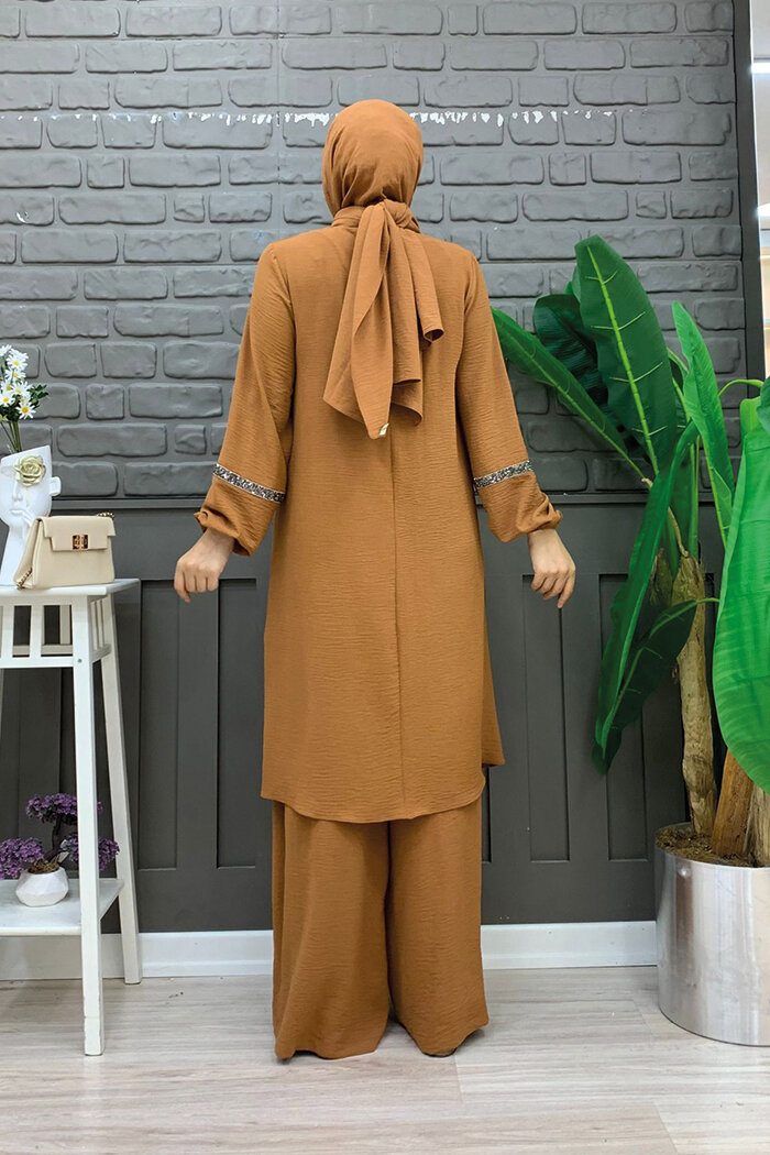 Taş İşleme Detaylı Pantolonlu Tunik Takım 8464 Taba - 7