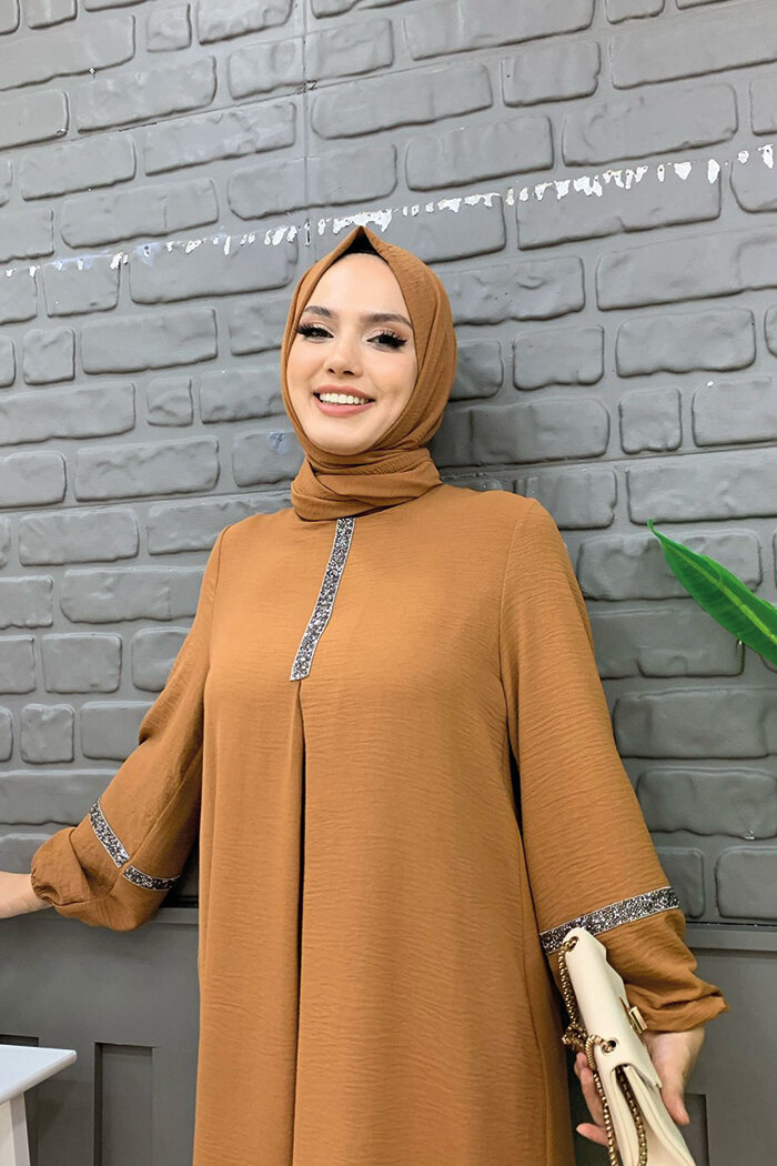 Taş İşleme Detaylı Pantolonlu Tunik Takım 8464 Taba - 8