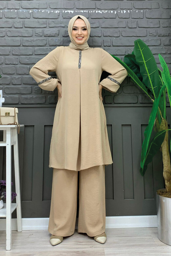 Taş İşleme Detaylı Pantolonlu Tunik Takım 8464 Taş - 3
