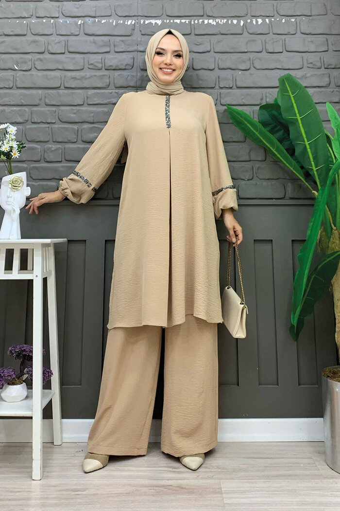 Taş İşleme Detaylı Pantolonlu Tunik Takım 8464 Taş - 5
