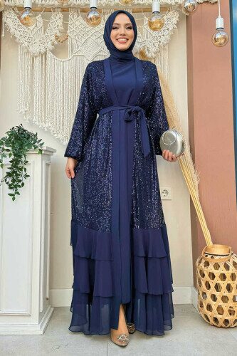 Pulpayet İşlemeli Abaya ve Elbise Takım 8483 Lacivert - Bym Fashion