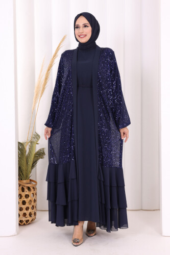 Pulpayet İşlemeli Abaya ve Elbise Takım 8483 Lacivert