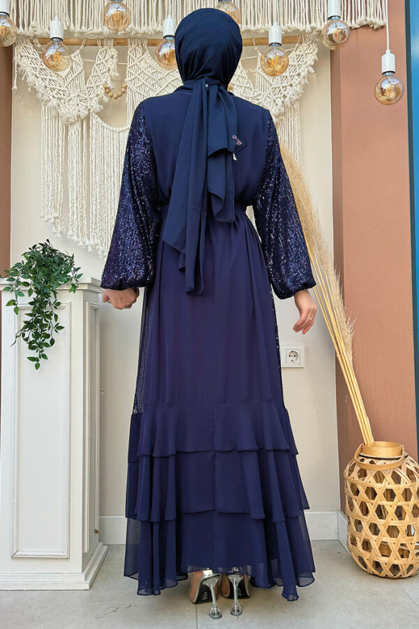 Pulpayet İşlemeli Abaya ve Elbise Takım 8483 Lacivert - 6