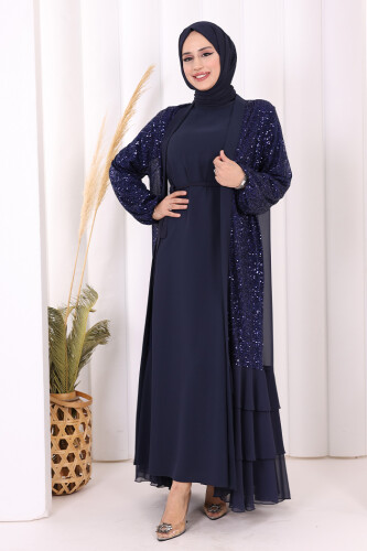 Pulpayet İşlemeli Abaya ve Elbise Takım 8483 Lacivert - 2