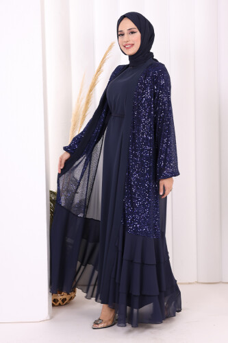 Pulpayet İşlemeli Abaya ve Elbise Takım 8483 Lacivert - 3