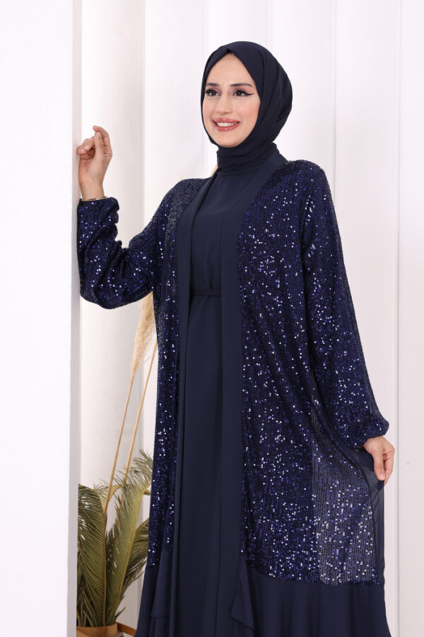 Pulpayet İşlemeli Abaya ve Elbise Takım 8483 Lacivert - 5