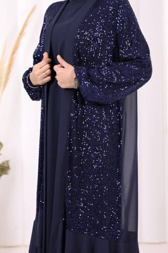 Pulpayet İşlemeli Abaya ve Elbise Takım 8483 Lacivert - 6