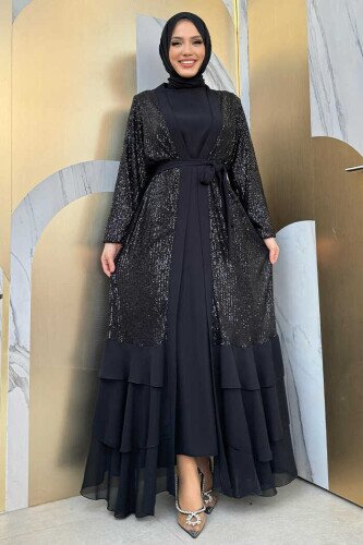 Pulpayet İşlemeli Abaya ve Elbise Takım 8483 Siyah - Bym Fashion