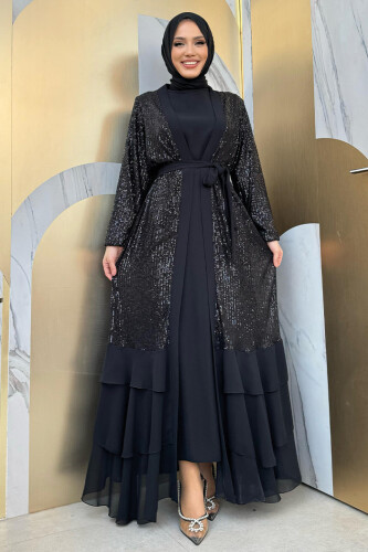 Pulpayet İşlemeli Abaya ve Elbise Takım 8483 Siyah - 5
