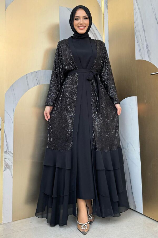Pulpayet İşlemeli Abaya ve Elbise Takım 8483 Siyah - 5