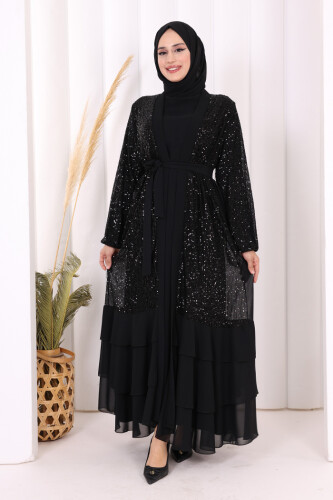 Pulpayet İşlemeli Abaya ve Elbise Takım 8483 Siyah