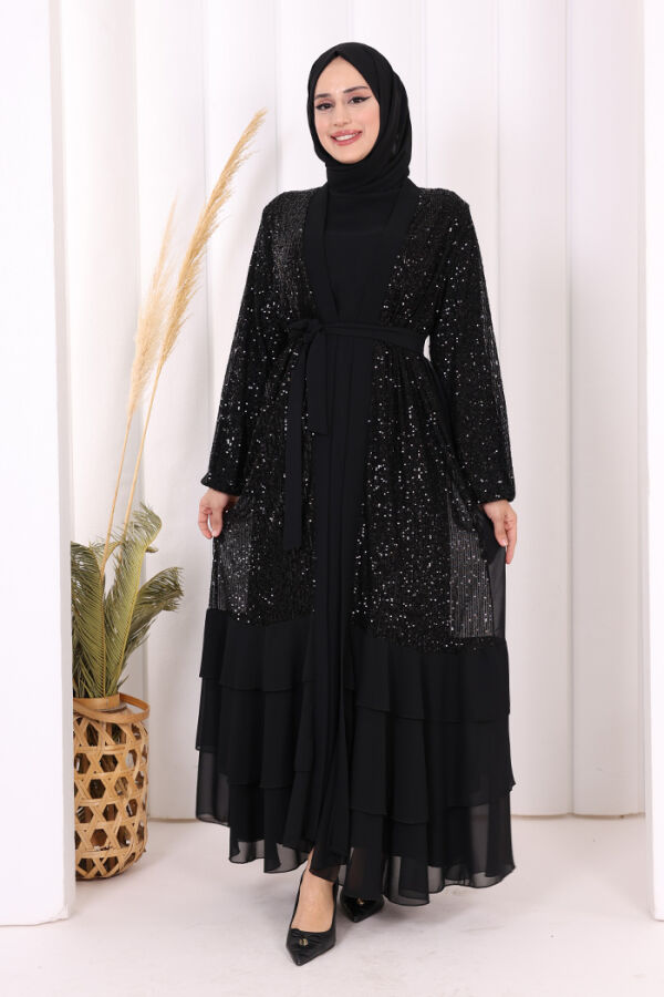 Pulpayet İşlemeli Abaya ve Elbise Takım 8483 Siyah - 1