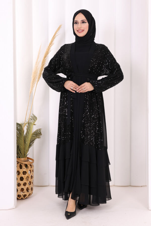 Pulpayet İşlemeli Abaya ve Elbise Takım 8483 Siyah - 2