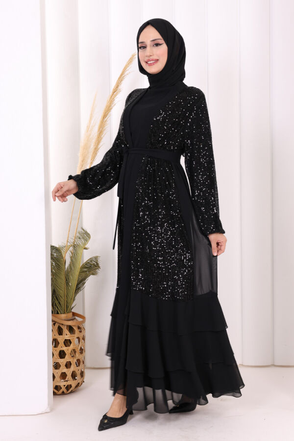 Pulpayet İşlemeli Abaya ve Elbise Takım 8483 Siyah - 3