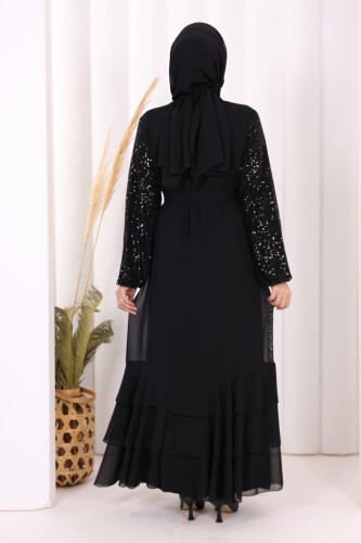 Pulpayet İşlemeli Abaya ve Elbise Takım 8483 Siyah - 4