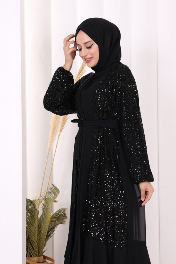 Pulpayet İşlemeli Abaya ve Elbise Takım 8483 Siyah - 5