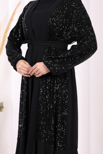 Pulpayet İşlemeli Abaya ve Elbise Takım 8483 Siyah - 6
