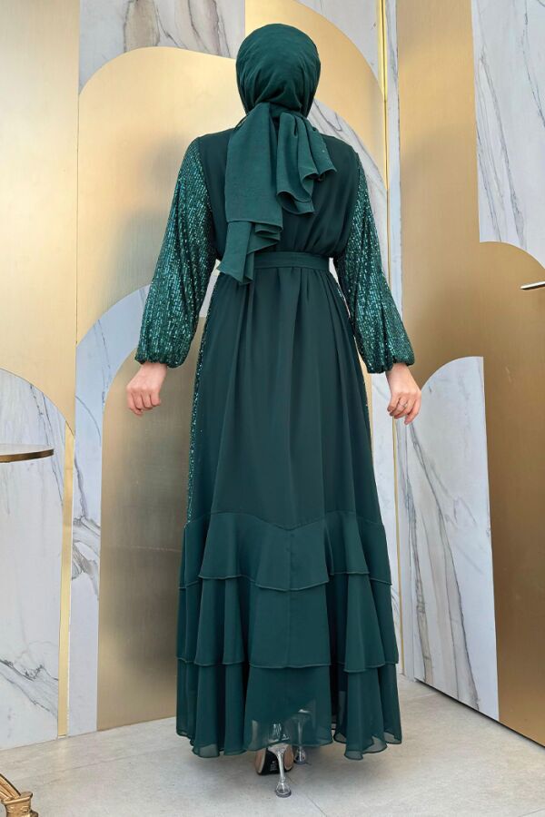 Pulpayet İşlemeli Abaya ve Elbise Takım 8483 Zümrüt - 6