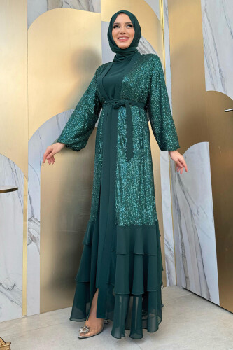 Pulpayet İşlemeli Abaya ve Elbise Takım 8483 Zümrüt - 7