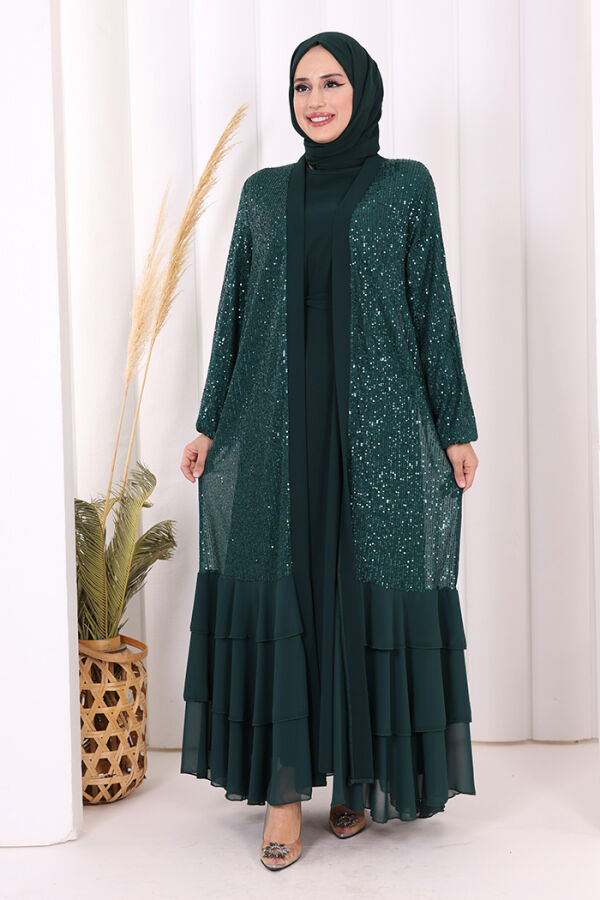 Pulpayet İşlemeli Abaya ve Elbise Takım 8483 Zümrüt - 1