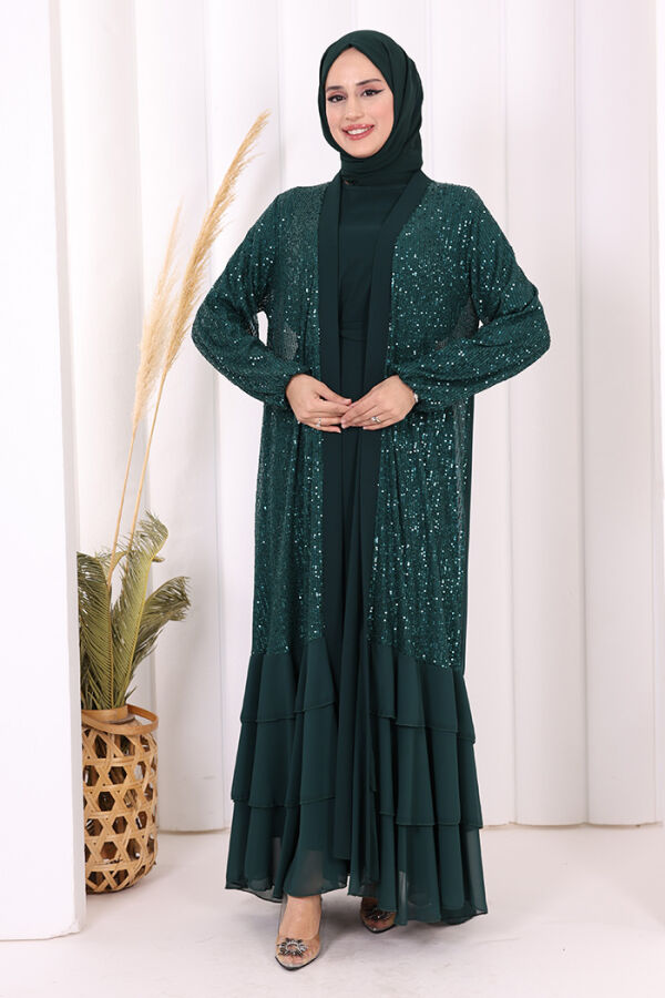 Pulpayet İşlemeli Abaya ve Elbise Takım 8483 Zümrüt - 2