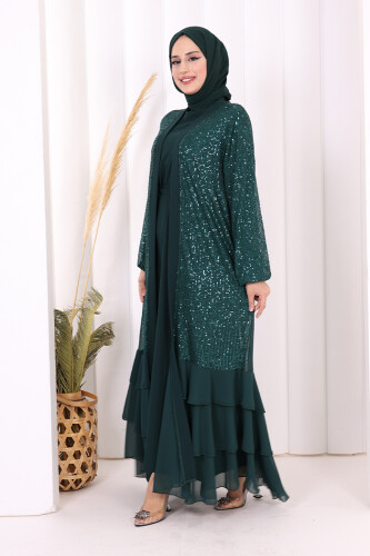 Pulpayet İşlemeli Abaya ve Elbise Takım 8483 Zümrüt - 3