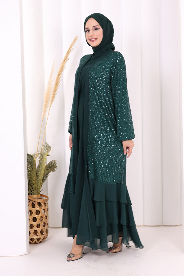 Pulpayet İşlemeli Abaya ve Elbise Takım 8483 Zümrüt - 3