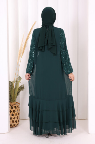 Pulpayet İşlemeli Abaya ve Elbise Takım 8483 Zümrüt - 4