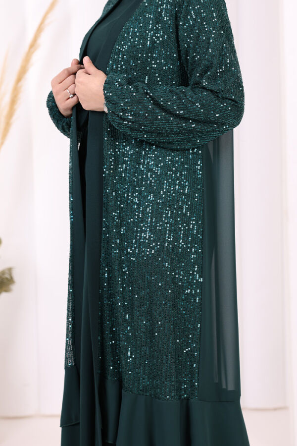 Pulpayet İşlemeli Abaya ve Elbise Takım 8483 Zümrüt - 5