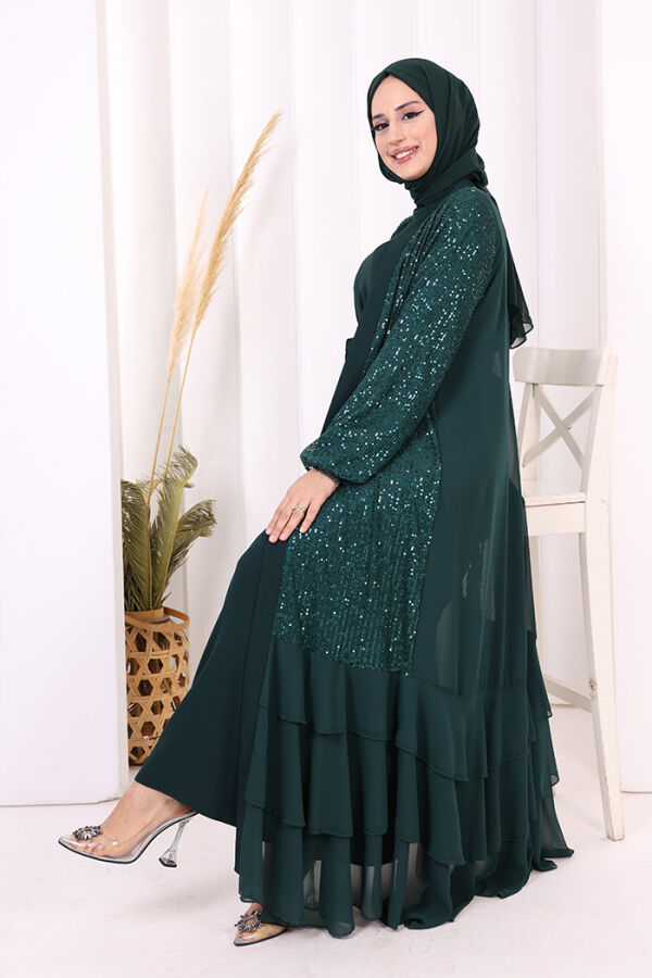 Pulpayet İşlemeli Abaya ve Elbise Takım 8483 Zümrüt - 6