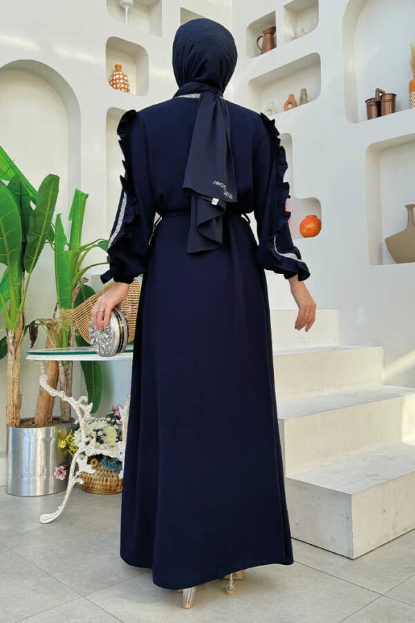 Kolları Fırfırlı Taş Detay Abayalı Takım 8484 Lacivert - 2