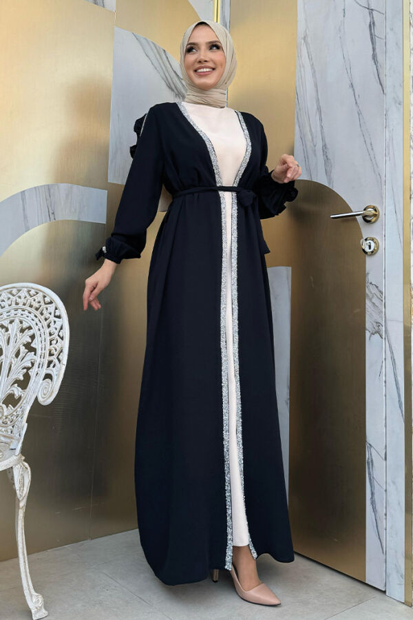 Kolları Fırfırlı Taş Detay Abayalı Takım 8484 Siyah - 7