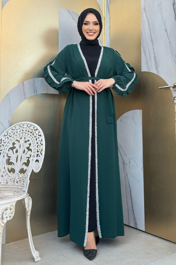 Kolları Fırfırlı Taş Detay Abayalı Takım 8484 Zümrüt - 5