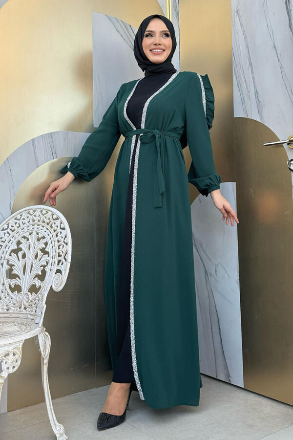 Kolları Fırfırlı Taş Detay Abayalı Takım 8484 Zümrüt - 7