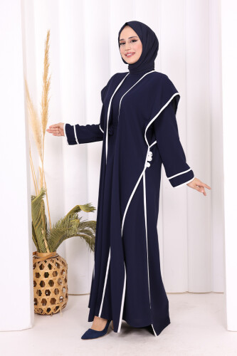 Düğme Detaylı Yırtmaçlı Yelek ve Elbise İkili Takım 8485 Lacivert - 3
