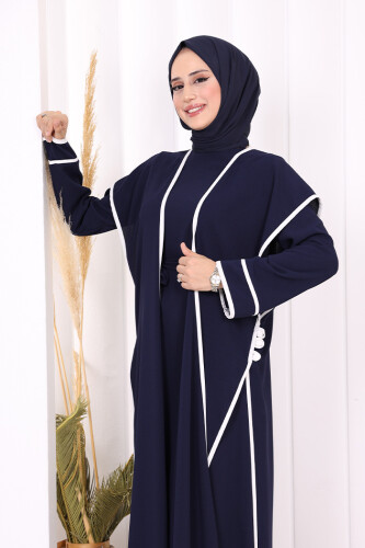 Düğme Detaylı Yırtmaçlı Yelek ve Elbise İkili Takım 8485 Lacivert - 5