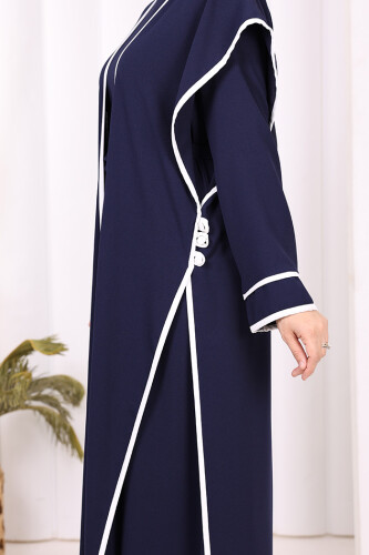Düğme Detaylı Yırtmaçlı Yelek ve Elbise İkili Takım 8485 Lacivert - 6