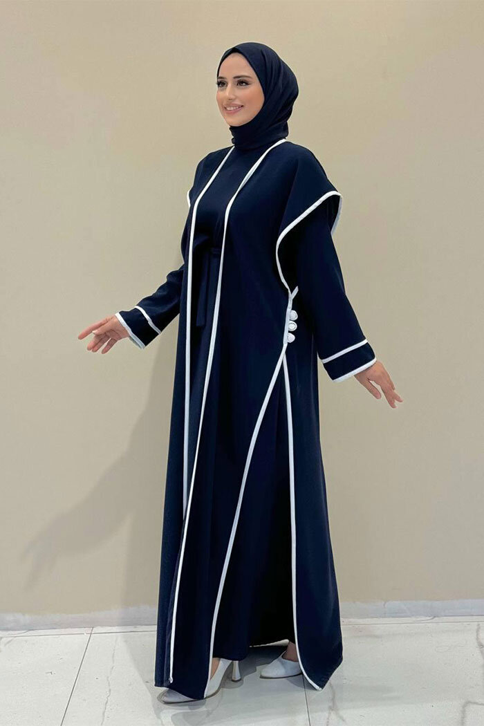 Düğme Detaylı Yırtmaçlı Yelek ve Elbise İkili Takım 8485 Lacivert - 9