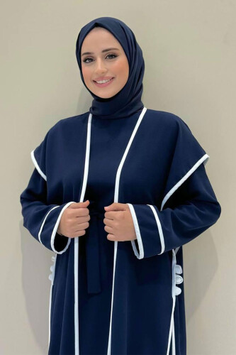 Düğme Detaylı Yırtmaçlı Yelek ve Elbise İkili Takım 8485 Lacivert - 10