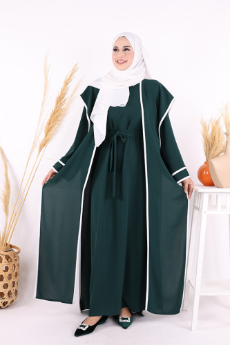 Düğme Detaylı Yırtmaçlı Yelek ve Elbise İkili Takım 8485 Zümrüt - Bym Fashion