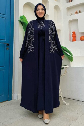 İşleme Detaylı Abaya ve Elbise Takım 8486 Lacivert 