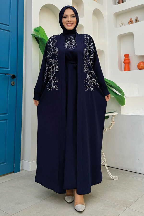 İşleme Detaylı Abaya ve Elbise Takım 8486 Lacivert - 5
