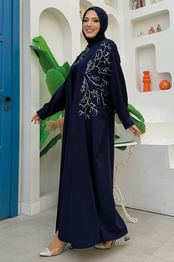 İşleme Detaylı Abaya ve Elbise Takım 8486 Lacivert - 7
