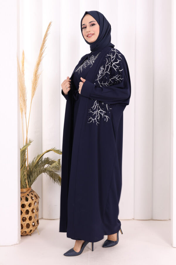 İşleme Detaylı Abaya ve Elbise Takım 8486 Lacivert - 1