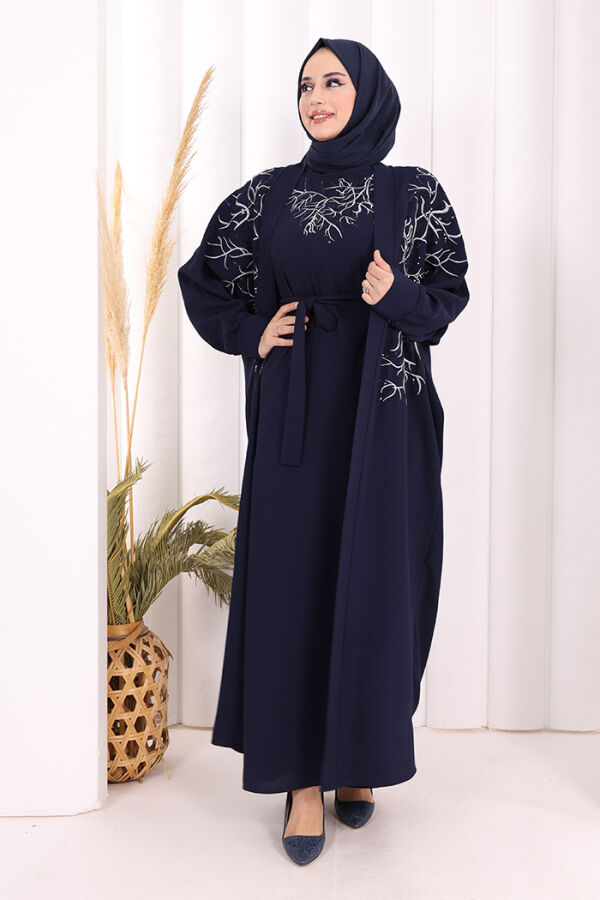 İşleme Detaylı Abaya ve Elbise Takım 8486 Lacivert - 2