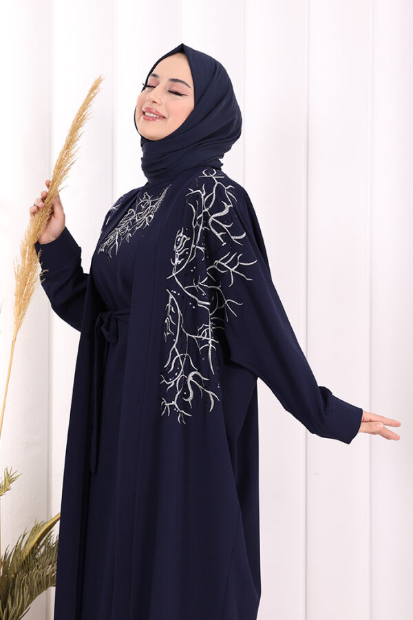 İşleme Detaylı Abaya ve Elbise Takım 8486 Lacivert - 4