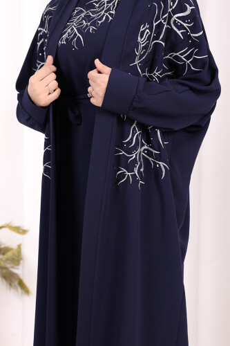 İşleme Detaylı Abaya ve Elbise Takım 8486 Lacivert - 5