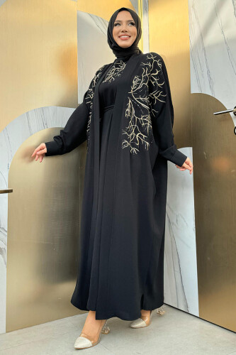 İşleme Detaylı Abaya ve Elbise Takım 8486 Siyah - 7